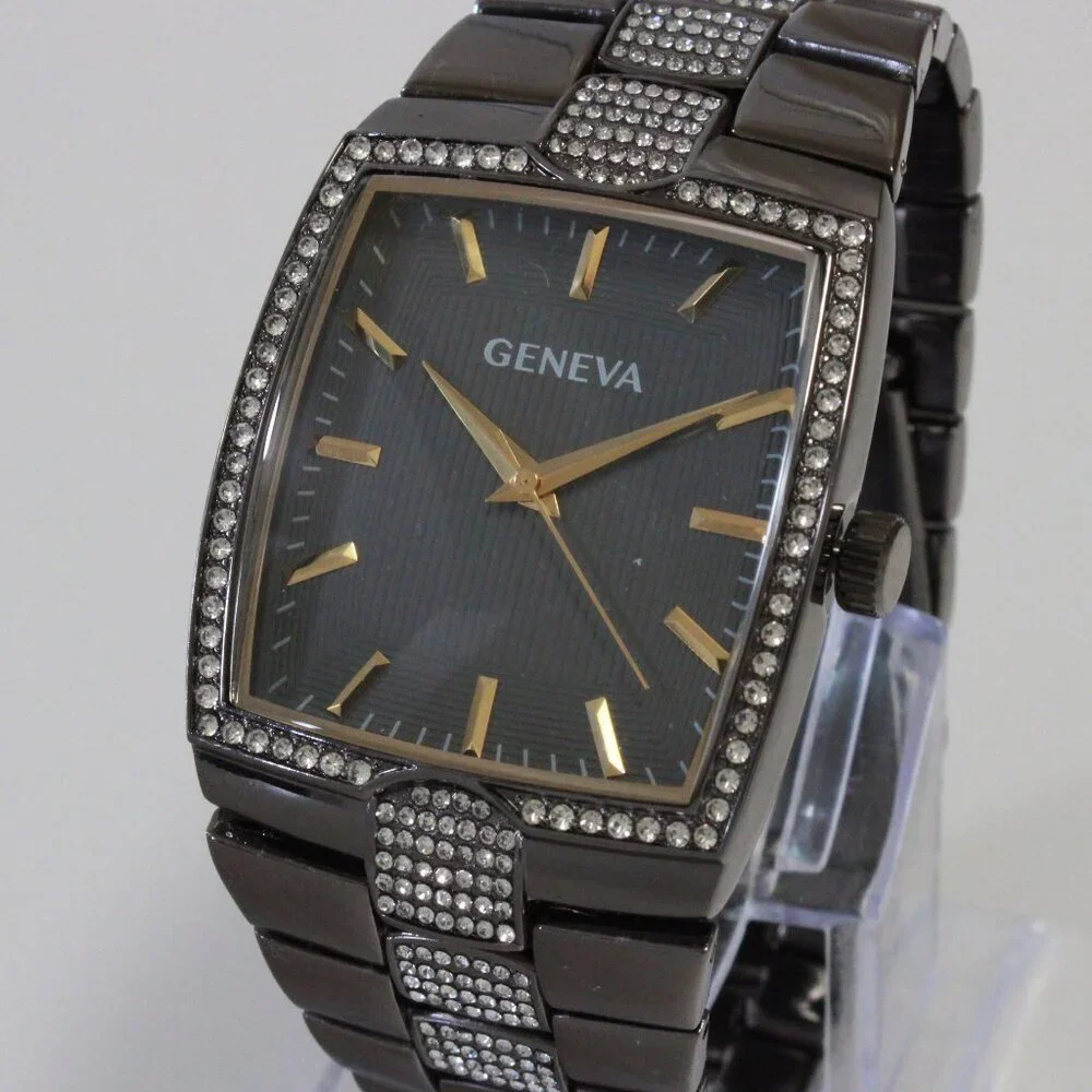 Geneva Men's Tank Style Quarts Watch Gun Metal Grey With Stone Accents 37mm